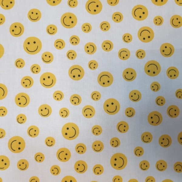 Polycotton Smiley Faces WHITE